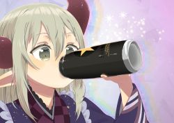 Rule 34 | 1girl, alcohol, bad id, bad twitter id, beer can, blush, can, commentary request, curled horns, demon girl, demon horns, drink can, drinking, emma august, frilled kimono, frills, grey eyes, grey hair, hair between eyes, holding, holding can, horns, japanese clothes, kimono, long hair, long sleeves, nijisanji, pointy ears, red horns, satsuyo, solo, sparkle background, upper body, virtual youtuber