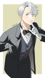 Rule 34 | 10s, 1boy, 92 (artist), blue eyes, bow, bowtie, finger to mouth, formal, gloves, hair over one eye, highres, leaning forward, male focus, silver hair, smile, solo, suit, traditional bowtie, viktor nikiforov, waistcoat, white gloves, yuri!!! on ice