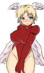 Rule 34 | 1girl, abs, blonde hair, blue eyes, blush, breasts, cosplay, covered navel, elbow gloves, covered erect nipples, final fantasy, final fantasy tactics, gloves, groin, head wings, huge breasts, leotard, monk (fft), red leotard, short hair, solo, sweatdrop, tsukudani (coke-buta), ultima (fft), ultima (fft) (cosplay), wings