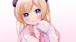 Rule 34 | 1girl, aged down, blonde hair, blush, close-up, closed mouth, frown, green eyes, highres, hololive, horns, jacket, lab coat, long hair, long sleeves, looking at viewer, masuishi kinoto, open collar, pink background, pink shirt, pointy ears, shirt, simple background, sleeves past fingers, sleeves past wrists, solo, swept bangs, virtual youtuber, yuzuki choco, yuzuki choco (1st costume)