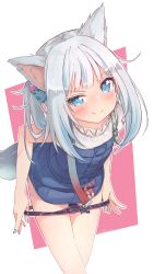 Rule 34 | 1girl, animal ears, blue eyes, blue hair, blue nails, blush, cat ears, collarbone, dress, fingernails, fins, fish tail, flat chest, gawr gura, gawr gura (casual), hair ornament, highres, hololive, hololive english, kiirokuma, legs, looking at viewer, multicolored hair, nail polish, naughty face, panties, panty pull, pulling own clothes, shark girl, shark tail, side ponytail, simple background, smile, solo, striped clothes, striped panties, tail, thighs, two-tone background, two-tone hair, underwear, virtual youtuber, white hair