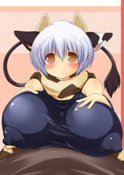 Rule 34 | 1girl, :&lt;, animal ears, bare shoulders, blue hair, breast rest, breast suppress, breasts, cow, cow ears, cow girl, cow tail, female focus, highres, horns, hotaru-mia, huge breasts, nipples, no bra, original, puffy nipples, scarf, see-through, shirt, short hair, skin tight, solo, tail, tears, upper body, yellow eyes