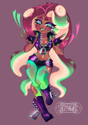 Rule 34 | 1girl, absurdres, artist logo, bare arms, bare shoulders, bioluminescence, black footwear, black gloves, black shorts, black vest, boots, breasts, cephalopod eyes, cleavage, collared vest, colored skin, colored tongue, commentary, crop top, cropped vest, dark-skinned female, dark skin, double v, ellinny, english commentary, eyelashes, fang, fingerless gloves, full body, gloves, glowing, glowing skin, green eyes, green hair, green pantyhose, green skin, green tongue, groin, hands up, headphones, heart, high collar, highres, hip focus, lips, long hair, looking at viewer, marina (splatoon), medium breasts, midriff, mole, mole under mouth, multicolored skin, navel, navel piercing, nintendo, no nose, octoling, open mouth, pantyhose, pantyhose under shorts, piercing, pink pupils, red hair, shiny clothes, shiny skin, short shorts, shorts, simple background, smile, solo, sparkle, splatoon (series), splatoon 2, stomach, suction cups, tentacle hair, thigh gap, torn clothes, torn pantyhose, unzipped, v, very long hair, vest, walking, zipper, zipper pull tab