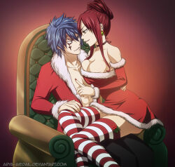 Rule 34 | 1boy, 1girl, arya-aiedail, blue eyes, blue hair, breasts, chair, cleavage, couple, dress, erza scarlet, facial mark, fairy tail, hair between eyes, hetero, jellal fernandes, large breasts, long hair, looking at another, naughty face, open clothes, open shirt, red background, red hair, santa costume, santa dress, short hair, sitting, sitting on lap, sitting on person, smile, spiked hair, tattoo, thighhighs, zettai ryouiki