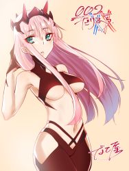 Rule 34 | 10s, 1girl, bare hips, black pants, breasts, character name, cowboy shot, darling in the franxx, floating hair, green eyes, hair between eyes, highres, long hair, looking at viewer, medium breasts, midriff, nakoya (nane cat), navel, open mouth, pants, pink background, pink hair, simple background, solo, standing, stomach, underboob, very long hair, zero two (darling in the franxx)