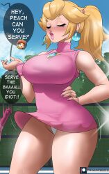 Rule 34 | 1girl, absurdres, bare arms, blonde hair, blush, breasts, closed eyes, closed mouth, earrings, echo saber, english text, hand on own hip, highres, large breasts, lips, long hair, mario (series), mario tennis, nintendo, outdoors, panties, pantyshot, ponytail, princess daisy, princess peach, solo, sphere earrings, sportswear, standing, tennis court, tennis peach, tennis uniform, thick thighs, thighs, underwear, white panties