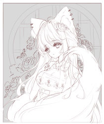 Rule 34 | 1girl, animal ear fluff, animal ears, breasts, cleavage, dress, ear piercing, floral background, flower, fox ears, fox girl, fox tail, grey background, greyscale, hair flower, hair ornament, hand up, highres, index finger raised, looking away, medium breasts, monochrome, original, parted lips, piercing, rose, round window, sketch, sleeveless, sleeveless dress, solo, tail, tandohark, window