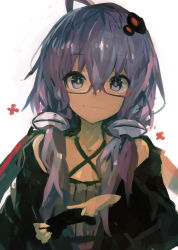 Rule 34 | 1girl, :3, absurdres, ahoge, bare shoulders, black jacket, bright pupils, closed mouth, controller, dress, flower (symbol), glasses, hair between eyes, hair ornament, highres, holding, holding controller, jacket, kaamin (mariarose753), light smile, long hair, looking at viewer, low twintails, messy hair, purple dress, purple eyes, purple hair, red-framed eyewear, ribbed dress, semi-rimless eyewear, simple background, solo, twintails, upper body, voiceroid, white background, yuzuki yukari
