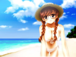 Rule 34 | 1girl, beach, bikini, blue eyes, braid, breasts, brown hair, cleavage, day, front-tie top, glasses, hair over shoulder, hat, large breasts, leaning forward, original, side-tie bikini bottom, solo, soshina nohito, straw hat, swimsuit, twin braids