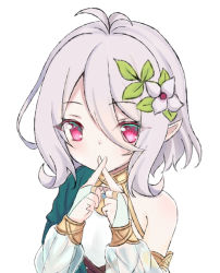 Rule 34 | 1girl, antenna hair, bare shoulders, blush, bridal gauntlets, covered mouth, detached sleeves, dress, flower, grey hair, hair between eyes, hair flower, hair ornament, hands up, kokkoro (princess connect!), long sleeves, looking at viewer, pointy ears, princess connect!, puffy long sleeves, puffy sleeves, purple eyes, satori (ymoy), see-through, see-through sleeves, simple background, sleeveless, sleeveless dress, solo, upper body, white background, white dress, white flower, white sleeves, x fingers