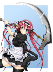 Rule 34 | air3636, airi (queen&#039;s blade), blue eyes, breasts, large breasts, long hair, maid, maid headdress, queen&#039;s blade, red hair, ribbon, scythe, thighhighs, twintails