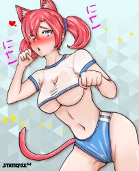 Rule 34 | 1girl, animal ears, blue buruma, blush, breasts, buruma, cat ears, cat girl, cat tail, curvy, digimon, digimon story: cyber sleuth, embarrassed, gym uniform, hair ornament, hairpin, highres, large breasts, long hair, medium breasts, paw pose, shiramine nokia, solo, tail, twintails, underboob