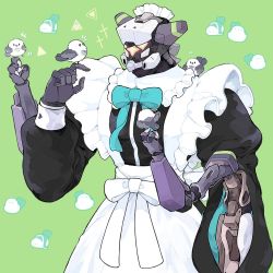Rule 34 | 1boy, alternate costume, animal, animal on hand, animal on shoulder, apron, aqua bow, aqua bowtie, back bow, bird, black dress, bow, bowtie, clothed robot, cowboy shot, crossdressing, dress, extra arms, eye contact, frilled apron, frills, green background, hands up, humanoid robot, index finger raised, island79 7, jpeg artifacts, juliet sleeves, long sleeves, looking at animal, looking at another, maid, maid apron, maid headdress, male focus, notice lines, orange eyes, puffy sleeves, robot, sash, simple background, solid oval eyes, solo, standing, white apron, world flipper, zantetsu (world flipper)