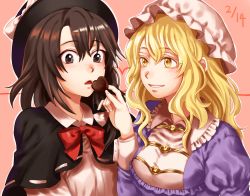 Rule 34 | 2girls, black capelet, black eyes, blonde hair, bow, brown hair, candy, capelet, chocolate, chocolate heart, dated, dress, feeding, food, hat, heart, holding, holding chocolate, holding food, kuya (hey36253625), long hair, long sleeves, looking at another, looking at viewer, maribel hearn, mob cap, multiple girls, open mouth, parted bangs, parted lips, pink background, purple dress, red bow, red neckwear, shirt, short hair, simple background, touhou, upper body, usami renko, valentine, white shirt, yellow eyes, yuri