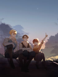 Rule 34 | 1girl, 2boys, :d, black hair, blonde hair, ckk57679405, closed mouth, cloud, crossed arms, farlan church, friends, highres, isabel magnolia, levi (shingeki no kyojin), multiple boys, open mouth, outdoors, pants, pointing, pointing up, red hair, shingeki no kyojin, shirt, sitting, sky, smile, twintails, vest