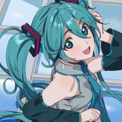 Rule 34 | 1girl, :d, aqua hair, arm at side, bare shoulders, black sleeves, blue eyes, blue necktie, blurry, blurry background, breasts, clenched hand, collared shirt, detached sleeves, eyes visible through hair, from above, grey shirt, hair between eyes, hand on own head, hand up, happy, hatsune miku, headset, highres, light blush, long hair, looking at viewer, looking up, medium breasts, momonosa oekaki, necktie, open mouth, shirt, shoulder blush, sleeveless, sleeveless shirt, smile, solo, straight hair, teeth, twintails, upper body, upper teeth only, very long hair, vocaloid, window