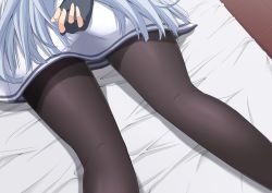 Rule 34 | 10s, 1girl, arms behind back, bed sheet, black gloves, black pantyhose, fingerless gloves, from above, from behind, gloves, head out of frame, highres, indoors, kantai collection, long hair, lower body, lying, murakumo (kancolle), ohiya, on bed, on stomach, pantyhose, shirt, silver hair, solo, thighband pantyhose, tile floor, tiles, very long hair, white shirt