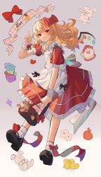 Rule 34 | 1girl, absurdres, adapted costume, apron, bag, bird, blonde hair, bow, closed mouth, clynxen, commentary, crystal, cup, dress, duck, flandre scarlet, food, frilled apron, frills, full body, gradient background, grey background, hair bow, hand up, handbag, highres, holding, holding bag, long hair, looking at viewer, no headwear, pudding, puffy short sleeves, puffy sleeves, rabbit, red bow, red dress, red eyes, short sleeves, smile, socks, solo, stuffed toy, teacup, touhou, v, white apron, white socks, wings