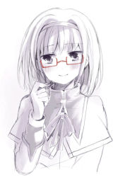 Rule 34 | 1girl, akemi homura, alternate hair length, alternate hairstyle, arm at side, backlighting, blunt bangs, blush, capelet, christy mii, closed mouth, cropped torso, dot nose, flat chest, glasses, grey theme, greyscale, hairband, half-closed eyes, hand up, happy, high collar, holding, holding own hair, jitome, light smile, long sleeves, looking down, mahou shoujo madoka magica, mahou shoujo madoka magica (anime), monochrome, muted color, neck ribbon, red-framed eyewear, ribbon, semi-rimless eyewear, short hair, simple background, solo, spot color, twirling hair, white background