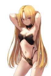 Rule 34 | 1girl, absurdres, alternate costume, armpits, arms behind head, arms up, bad id, bad pixiv id, bare shoulders, bikini, blonde hair, blush, breasts, chirang, cleavage, closed mouth, collarbone, commentary request, detached collar, ereshkigal (fate), fate/grand order, fate (series), hair down, highleg, highleg bikini, highres, long hair, looking at viewer, medium breasts, multi-strapped bikini, navel, parted bangs, red eyes, simple background, skull, solo, swimsuit, thighs, very long hair, white background