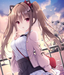 Rule 34 | 1girl, :d, animal ears, bag, between breasts, black skirt, blouse, blush, breasts, brown hair, buttons, cardigan, cat ears, cloud, commentary request, dusk, dutch angle, fake animal ears, fang, ferris wheel, gun sling, hair between eyes, heart, izuminanase, large breasts, long hair, looking at viewer, medium breasts, open mouth, original, outdoors, red eyes, shirt, shoulder bag, skirt, sky, smile, solo, strap between breasts, striped clothes, striped shirt, sunset, twintails, vertical-striped clothes, vertical-striped shirt, very long hair, water, white shirt