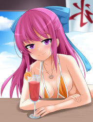 Rule 34 | 1girl, alternate costume, alternate hair ornament, bikini, bikini top only, blue bow, blue sky, bow, breasts, cloud, collarbone, cup, day, drinking glass, hair bow, heart, heart necklace, ichimi, jewelry, kamikaze (kancolle), kantai collection, long hair, looking at viewer, necklace, outdoors, purple eyes, purple hair, sky, small breasts, smile, solo, swimsuit, untied bikini, yellow bikini