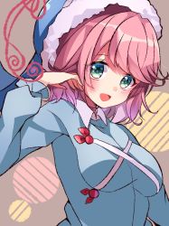 Rule 34 | 1girl, animal hat, blue hat, blue shirt, blush, breasts, collared shirt, green eyes, hat, highres, long sleeves, medium breasts, meimei (meimei89008309), okunoda miyoi, one-hour drawing challenge, open mouth, pink hair, shirt, short hair, smile, solo, touhou, upper body, whale hat
