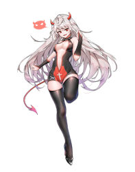 Rule 34 | 1girl, :d, bare shoulders, black footwear, black thighhighs, breasts, bridal gauntlets, commentary request, demon girl, demon horns, demon tail, fang, full body, gluteal fold, grey hair, high heels, highres, horns, kafeifeifeifeifeifei jiemo jun, long hair, looking at viewer, medium breasts, navel, open leotard, open mouth, original, red eyes, simple background, skin fang, sleeveless, smile, solo, standing, standing on one leg, tail, thighhighs, white background, white hair