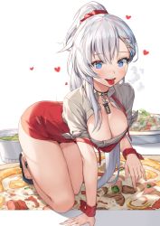 Rule 34 | 1girl, all fours, azur lane, belfast (azur lane), belfast (piping-hot perfection) (azur lane), blue eyes, blush, braid, breasts, choker, cleavage, collarbone, food, french braid, heart, heavy breathing, highres, large breasts, long hair, looking at viewer, open mouth, piyo (pixiv 2308057), pizza, ponytail, silver hair, smile, solo, tongue, tongue out, wrist cuffs