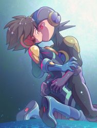 Rule 34 | 2boys, ass, ass grab, blush, bodysuit, brown eyes, brown hair, dual persona, eye contact, helmet, highres, kiss, looking at another, male focus, mega man (series), mega man battle network, mega man battle network (series), mega man battle network 5, megaman.exe, mukuwaku, multiple boys, red eyes, selfcest, skin tight, sweatdrop, yaoi