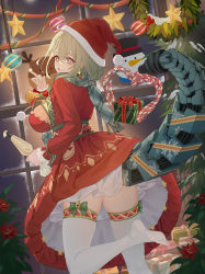 Rule 34 | 1girl, :q, bell, blue eyes, box, braid, breasts, christmas, christmas ornaments, christmas tree, de lacey (neural cloud), dress, earrings, food, food on face, from behind, garter straps, gift, gift box, girls&#039; frontline, girls&#039; frontline neural cloud, green hair, green scarf, hat, highres, icing, jewelry, jingle bell, large breasts, leg up, licking lips, looking at viewer, looking back, mechanical tail, mole, mole under mouth, moran (pixiv27824646), multicolored eyes, no shoes, pastry bag, red dress, red eyes, santa hat, scarf, smile, soles, solo, symbol-shaped pupils, tail, thighhighs, tongue, tongue out, white thighhighs, window, x-shaped pupils