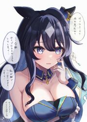 Rule 34 | 1girl, animal ears, blue hair, blush, breasts, cleavage, collarbone, commentary request, dark blue hair, earrings, hair between eyes, hair ornament, highres, horse ears, horse girl, jewelry, kaniitama, mole, open mouth, portrait, simple background, single earring, translation request, umamusume, verxina (umamusume), white background