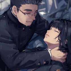 Rule 34 | 1boy, 1girl, black eyes, black hair, blunt bangs, buttons, closed eyes, collared shirt, commentary request, crying, crying with eyes open, debris, furrowed brow, gakuran, glasses, hair slicked back, hand on another&#039;s neck, long hair, looking at another, motoori shiro, parted lips, protagonist 2 (housamo), rain, rimless eyewear, school uniform, shirt, short hair, sideburns, sidelocks, tass commuovere, tears, thick eyebrows, tokyo houkago summoners, upper body, white shirt