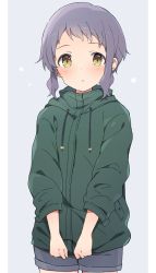 Rule 34 | :&lt;, blue shorts, blush, closed mouth, clothes pull, commentary request, expressionless, eyebrows, green sweater, grey background, highres, idolmaster, idolmaster million live!, long sleeves, looking at viewer, makabe mizuki, mochigome (ununquadium), pulled by self, purple hair, short hair, shorts, sidelocks, solo, star (symbol), sweater, yellow eyes