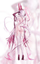 Rule 34 | 1girl, absurdres, agoto, breasts, closed mouth, covered navel, dress, ear piercing, elbow gloves, from behind, full body, gloves, grey hair, high heels, highres, horns, jewelry, looking at viewer, medium breasts, multicolored hair, original, piercing, pink hair, pink theme, profile, red eyes, red footwear, red gloves, see-through, see-through dress, short hair, simple background, solo, tail, thighhighs, white background, white thighhighs, zoom layer