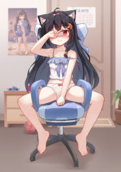 Rule 34 | 1girl, absurdres, animal ear fluff, animal ears, bare arms, bare legs, bare shoulders, between legs, black hair, blush, bow, bow panties, breasts, camisole, cat ears, cat girl, chair, chinese commentary, closed mouth, collarbone, commentary request, eleven-sora, full body, hair between eyes, hair bow, hand between legs, highres, indoors, long hair, looking at viewer, midriff, navel, no pants, no shoes, original, panties, pink bow, red eyes, sitting, small breasts, smile, solo, spread legs, strap slip, toes, underwear, underwear only, v, v over eye, variant set, white camisole, white panties