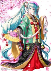 Rule 34 | 1girl, black kimono, blue eyes, blue hair, branch, closed mouth, commentary request, copyright notice, crypton future media, floral print, flower, folding fan, fox mask, fujima takuya, full body, hair flower, hair ornament, hand fan, hatsune miku, holding, holding fan, japanese clothes, karaginu mo, kimono, layered clothes, layered kimono, long hair, long sleeves, mask, mask on head, official art, petals, piapro, pink flower, print kimono, simple background, smile, solo, twintails, very long hair, vocaloid, white background, wide sleeves