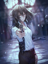 Rule 34 | 1girl, aiming, aiming at viewer, black pants, blurry, blurry background, closed mouth, collared shirt, copyright request, cowboy shot, depth of field, finger on trigger, floating hair, glasses, grey eyes, grey hair, gun, handgun, highres, holding, holding gun, holding weapon, holster, kaoming, long sleeves, looking at viewer, pants, revolver, semi-rimless eyewear, shirt, solo, standing, under-rim eyewear, weapon, white-framed eyewear, white shirt, wing collar