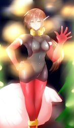 Rule 34 | 1girl, aile (mega man zx), bodysuit, breasts, covered navel, elbow gloves, female focus, gloves, green eyes, hair between eyes, hand on own hip, highres, long hair, medium breasts, mega man (series), mega man zx, mega man zx advent, ponytail, red gloves, sack, santa gloves, skin tight, solo, standing, tgxx3300, thighhighs, waving