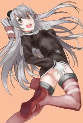 Rule 34 | 10s, 1girl, absurdres, amatsukaze (kancolle), ass, breasts, brown dress, brown eyes, choker, dress, garter straps, gloves, hair between eyes, hair tubes, highres, kantai collection, kirisato itsuki, lifebuoy, long hair, looking back, open mouth, red footwear, red thighhighs, sailor collar, sailor dress, shoes, short dress, silver hair, simple background, single glove, small breasts, smile, solo, striped clothes, striped thighhighs, swim ring, teeth, thighhighs, two side up, white gloves