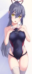 Rule 34 | 1girl, bad id, bad pixiv id, black one-piece swimsuit, breasts, competition swimsuit, covered navel, cowboy shot, gluteal fold, grey hair, hair ribbon, highleg, highleg swimsuit, highres, long hair, medium breasts, multicolored clothes, multicolored swimsuit, one-piece swimsuit, open mouth, original, ponytail, red ribbon, ribbon, solo, standing, swimsuit, teeth, thigh gap, thighhighs, tooyon, upper teeth only, white thighhighs, yellow eyes
