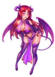 Rule 34 | 1girl, bat wings, blush, breasts, burbur, cleavage, demon girl, demon horns, demon tail, demon wings, dress, finger to mouth, full body, gloves, horns, large breasts, long hair, looking at viewer, open mouth, panties, purple dress, purple eyes, red hair, see-through, solo, tail, thighhighs, transparent background, underwear, wings