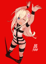Rule 34 | 10s, 1girl, armpits, arms up, artist name, black footwear, blonde hair, blue eyes, character name, fang, flat chest, flower, from above, hair flower, hair ornament, highres, kantai collection, long hair, looking at viewer, meth (emethmeth), one-piece tan, one eye closed, open mouth, red background, ro-500 (kancolle), shoes, simple background, smile, solo, standing, swimsuit, t.m.revolution, tan, tanline, wrist cuffs
