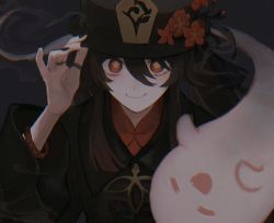 Rule 34 | 1girl, :d, = =, black background, black nails, boo tao (genshin impact), bracelet, brown hair, brown hat, closed mouth, coat, commentary, film grain, flower, genshin impact, hair between eyes, hand on headwear, hat, hat flower, hu tao (genshin impact), jewelry, juu (era-mogu-mogu), long hair, long sleeves, looking at viewer, multiple rings, nail polish, open mouth, plum blossoms, porkpie hat, red eyes, red shirt, ring, shirt, smile, solo, symbol-only commentary, upper body
