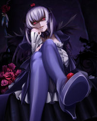 Rule 34 | 00s, 1girl, crossed legs, dress, flower, frills, gothic lolita, hairband, high heels, highres, legs, lolita fashion, long hair, mtyy, pantyhose, purple pantyhose, red eyes, rozen maiden, sadism, shaded face, shoes, silver hair, sitting, solo, suigintou, wings