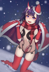 Rule 34 | 1girl, bob cut, christmas, eyeliner, fate/grand order, fate (series), fur-trimmed headwear, fur trim, gloves, hat, highres, horns, kana giri, makeup, oni, purple eyes, purple hair, red gloves, red hat, red scarf, red thighhighs, revealing clothes, santa costume, santa hat, scarf, short hair, shuten douji (fate), skin-covered horns, snow, solo, thighhighs, winter