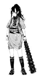 Rule 34 | 1girl, ascot, black hair, clenched hand, closed mouth, club, club (weapon), full body, greyscale, high ponytail, highres, holding, holding club, holding weapon, horns, japanese clothes, kanabou, kimono, long hair, looking ahead, looking to the side, monochrome, monster girl, obi, oni, oni girl, oni horns, original, pointy ears, ponytail, sandals, sash, scarf, shiro shougun, shoes, simple background, solo, spiked club, standing, tabi, tasuki, weapon, white background
