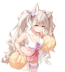 Rule 34 | 1girl, animal ears, bare shoulders, blush, bow, bra, bra peek, breasts, bridal garter, cat ears, cheerleader, cleavage, cowboy shot, crop top, crop top overhang, downblouse, extra ears, flying sweatdrops, hair bow, hair ornament, hairclip, heart, heart hair ornament, highres, holding, holding pom poms, long hair, looking at viewer, midriff, miniskirt, mole, mole on breast, navel, nekomu, original, pink bow, pink skirt, pleated skirt, pom pom (cheerleading), pom poms, purple bow, red eyes, shirt, silver hair, simple background, single thighhigh, skindentation, skirt, sleeveless, sleeveless shirt, solo, thighhighs, twintails, underwear, very long hair, white background, white thighhighs