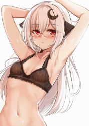 Rule 34 | 1girl, animal ears, armpits, arms up, bare arms, bare shoulders, black bra, blush, bow, bow bra, bra, breasts, collarbone, crescent, crescent hair ornament, glasses, grey background, hair between eyes, hair ornament, highres, long hair, looking at viewer, navel, original, parted lips, red-framed eyewear, red eyes, semi-rimless eyewear, silver hair, simple background, small breasts, solo, under-rim eyewear, underwear, underwear only, unname, upper body, very long hair