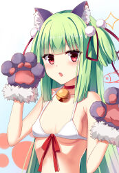 Rule 34 | 1girl, :o, absurdres, alternate costume, animal ear fluff, animal ears, animal hands, armpit crease, bare shoulders, bell, bikini, blunt bangs, blush, breasts, cat ears, choker, collarbone, commentary, eyelashes, eyes visible through hair, fake animal ears, gloves, hair ornament, hair ribbon, hands up, highres, hime cut, jingle bell, blue background, long hair, looking at viewer, murasame (senren), neck bell, open mouth, paw gloves, pom pom (clothes), pom pom hair ornament, red choker, red eyes, red ribbon, ribbon, senren banka, shu pian, sidelocks, simple background, skinny, small breasts, solo, sparkle, straight hair, swimsuit, tsurime, two side up, underboob, upper body, very long hair, white background, white bikini